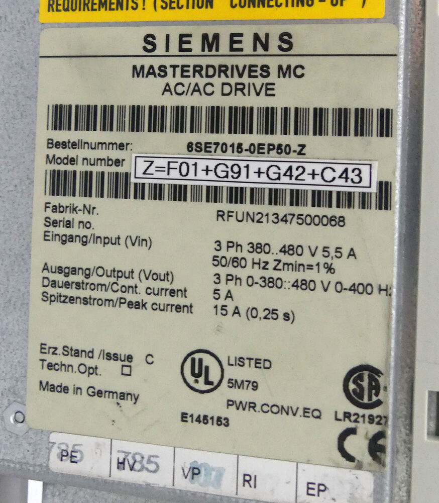 SIEMENS SIMOVERT 6SE7015-0EP50-Z 6SE7 015-0EP50-Z E-Stand: C -unused-- UPS / Fedex / DHL