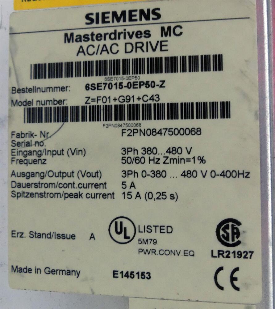 SIEMENS SIMOVERT 6SE7015-0EP50-Z 6SE7 015-0EP50-Z E-Stand: A -unused-- UPS / Fedex / DHL