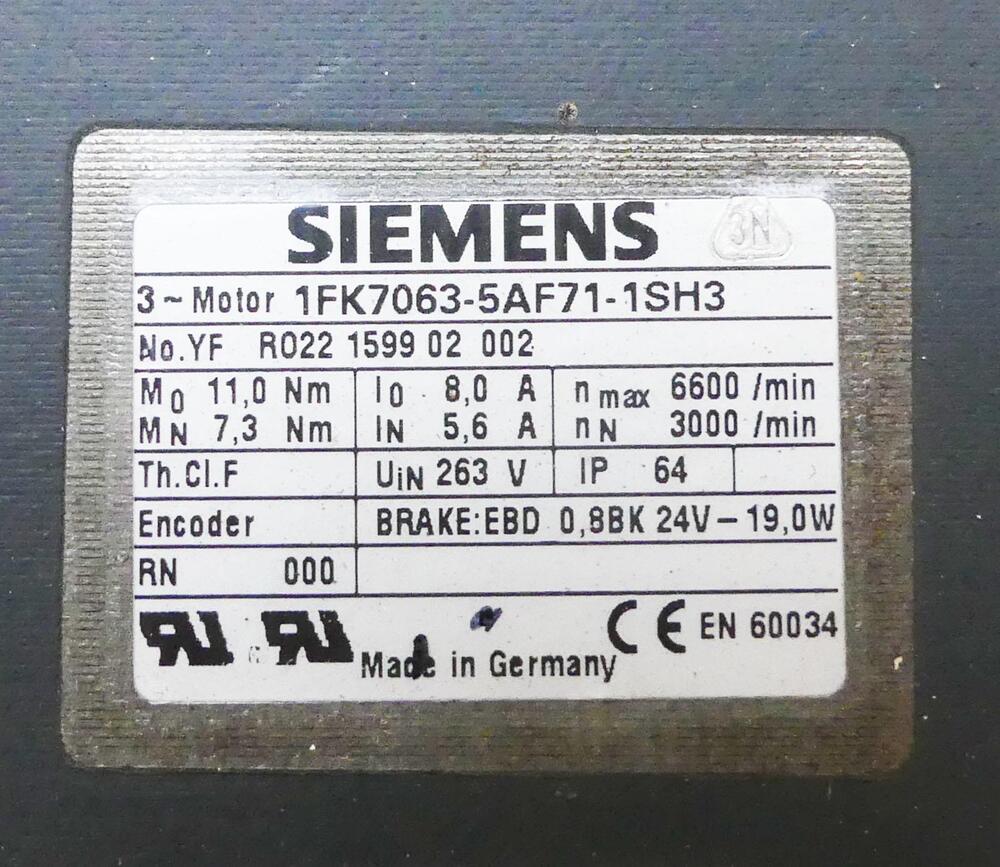 SIEMENS 1FK7063-5AF71-1SH3 Servo Motor R022 1599 02 002 -used-- UPS / Fedex / DHL