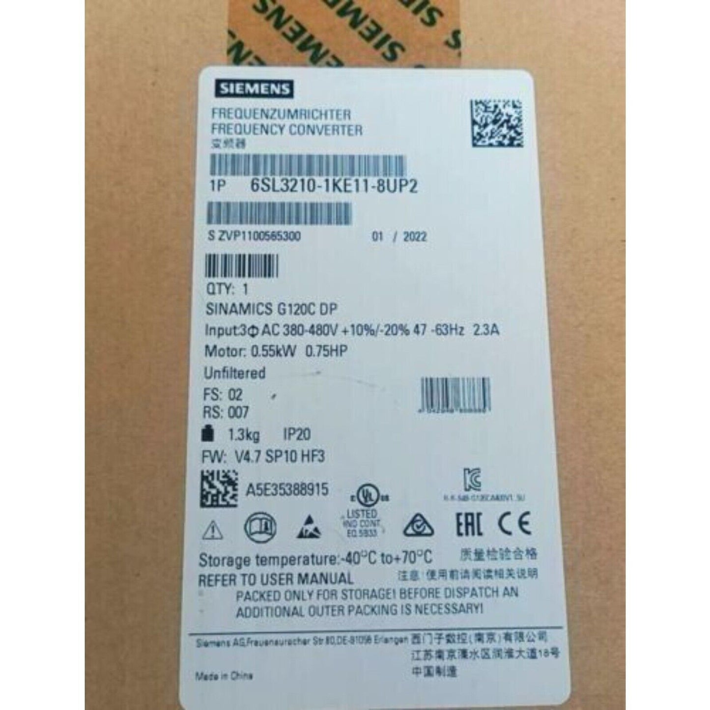New Siemens 6SL3 210-1KE11-8UF2 6SL3210-1KE11-8UF2 G120C RATED POWER 0,55KW
