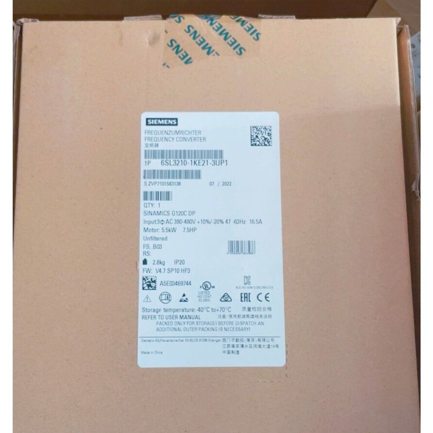 Siemens 6SL3210-1KE21-3UP1 SINAMICS G120C 5.5KW Converter 6SL3 210-1KE21-3UP1