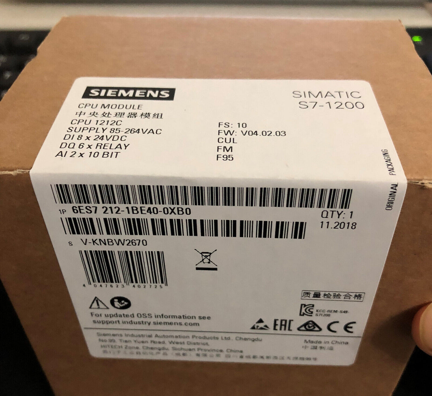 NEW SIEMENS 6ES7 212-1BE40-0XB0 CPU MODULE 6ES72121BE400XB0 EXPEDITED SHIPPING DHL / UPS / FedEx