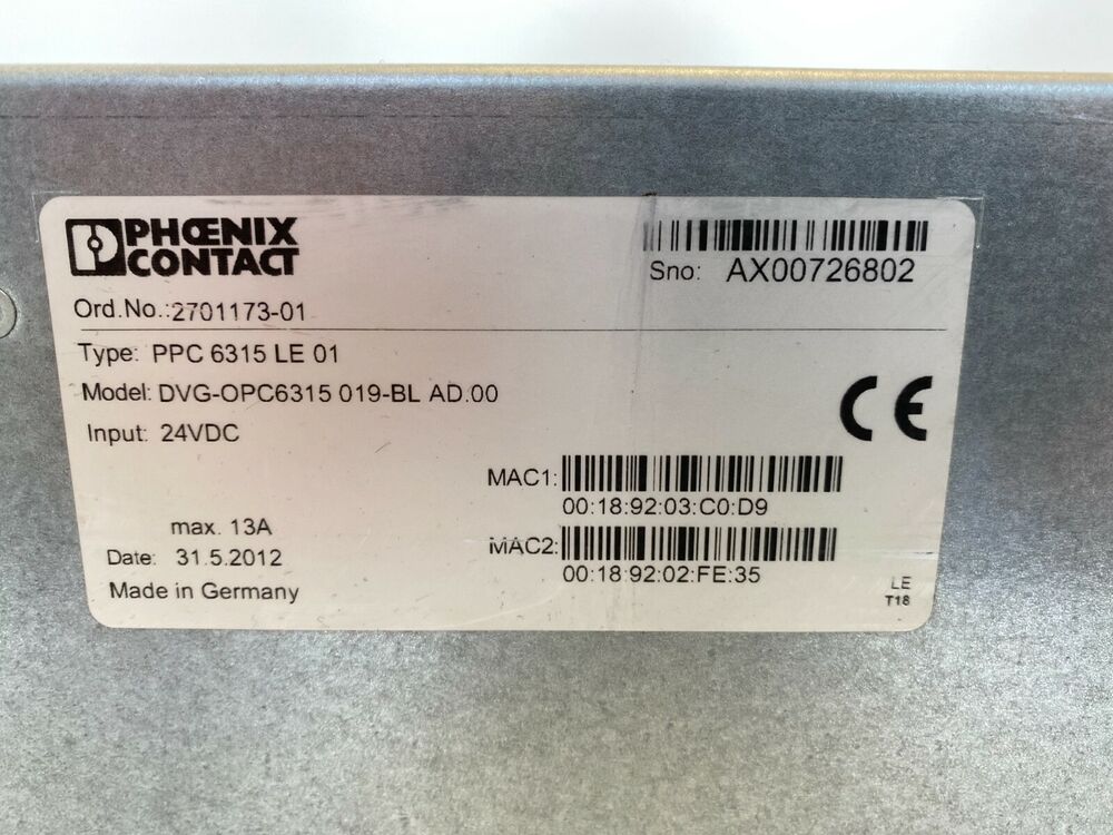 Phoenix Contact Panel PC Ppc 6315 LE 01 Lehnert Dvgopc 6315 019-BL 2701173-01