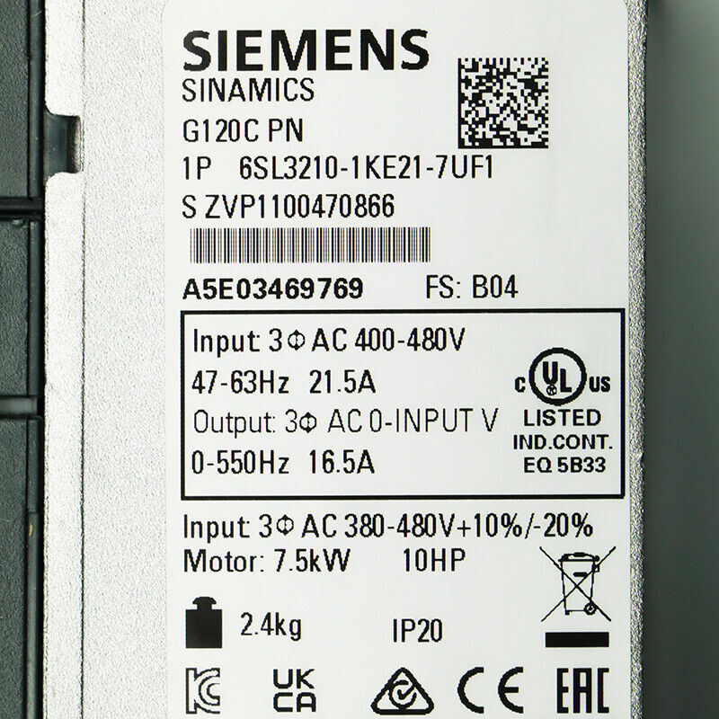 Siemens 6SL3 210-1KE21-7UF1 SINAMICS G120C 7.5KW Converter 6SL3210-1KE21-7UF1