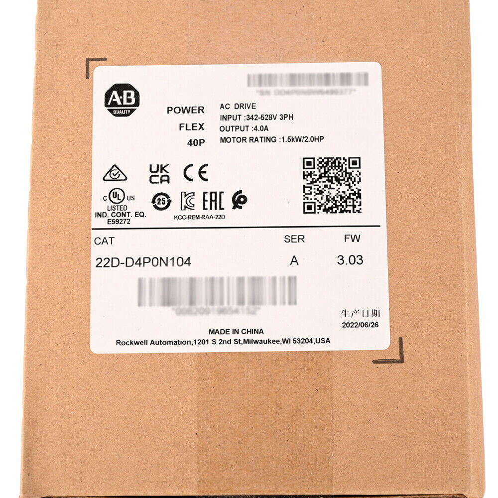 New In Box Allen Bradley 22D-D4P0N104 PowerFlex 40P AC Drive Factory Sealed Fedex or DHL