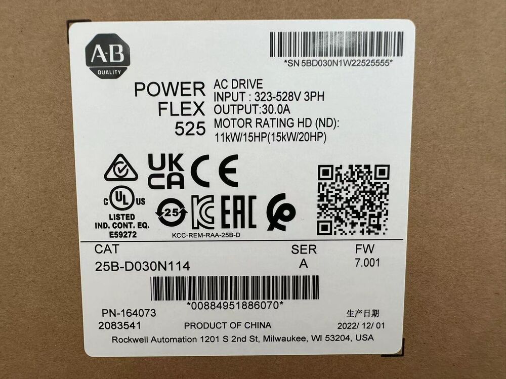 New Original Allen-Bradley 25B-D030N114 PowerFlex 525 AC Drive 15 kW (20 HP) DHL / UPS / FedEx