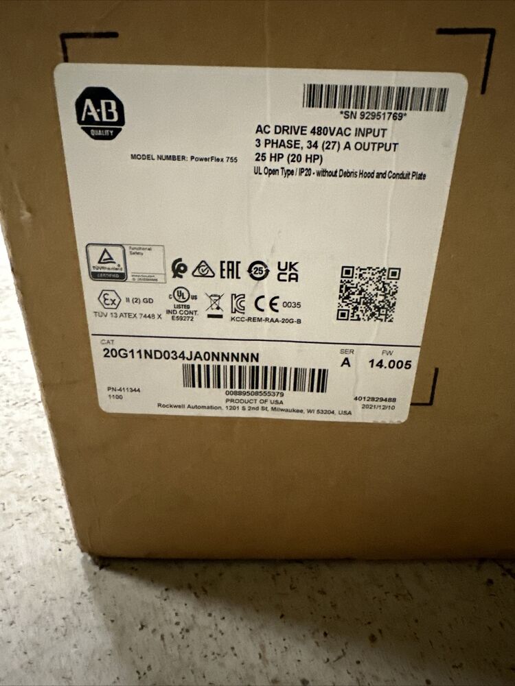 Allen Bradley 20G11ND034JA0NNNNN PowerFlex 755 VFD 20G11ND034JA0NNNNN 25 HP 480V DHL / UPS / FedEx