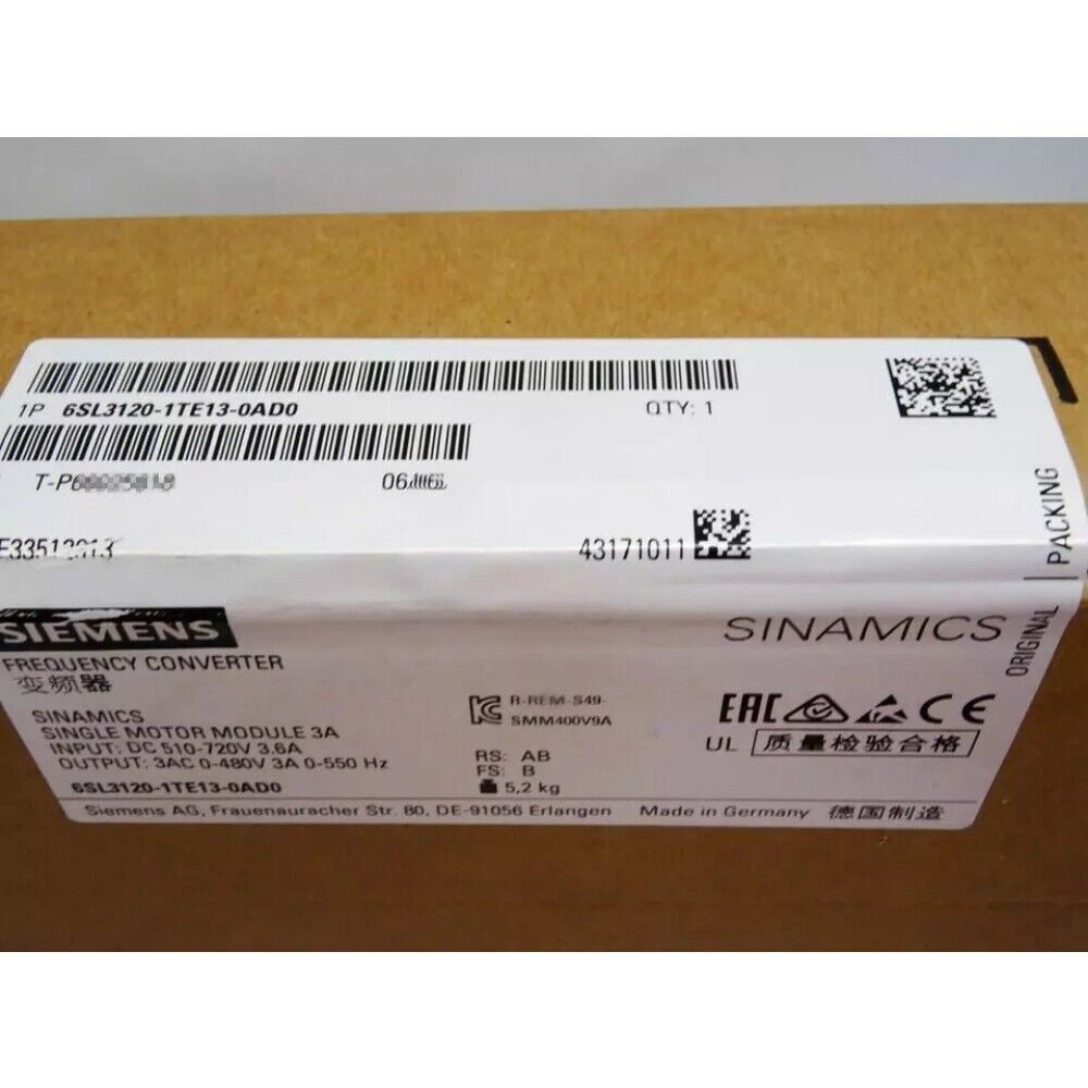 New Siemens 6SL3 120-1TE13-0AD0 6SL3120-1TE13-0AD0 S120 SINGLE MOTOR MODULE