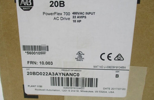 NEW AB 20BD022A3AYNANC0 Allen-Bradley 20BD022A3AYNANC0 Factory Sealed DHL / UPS / FedEx