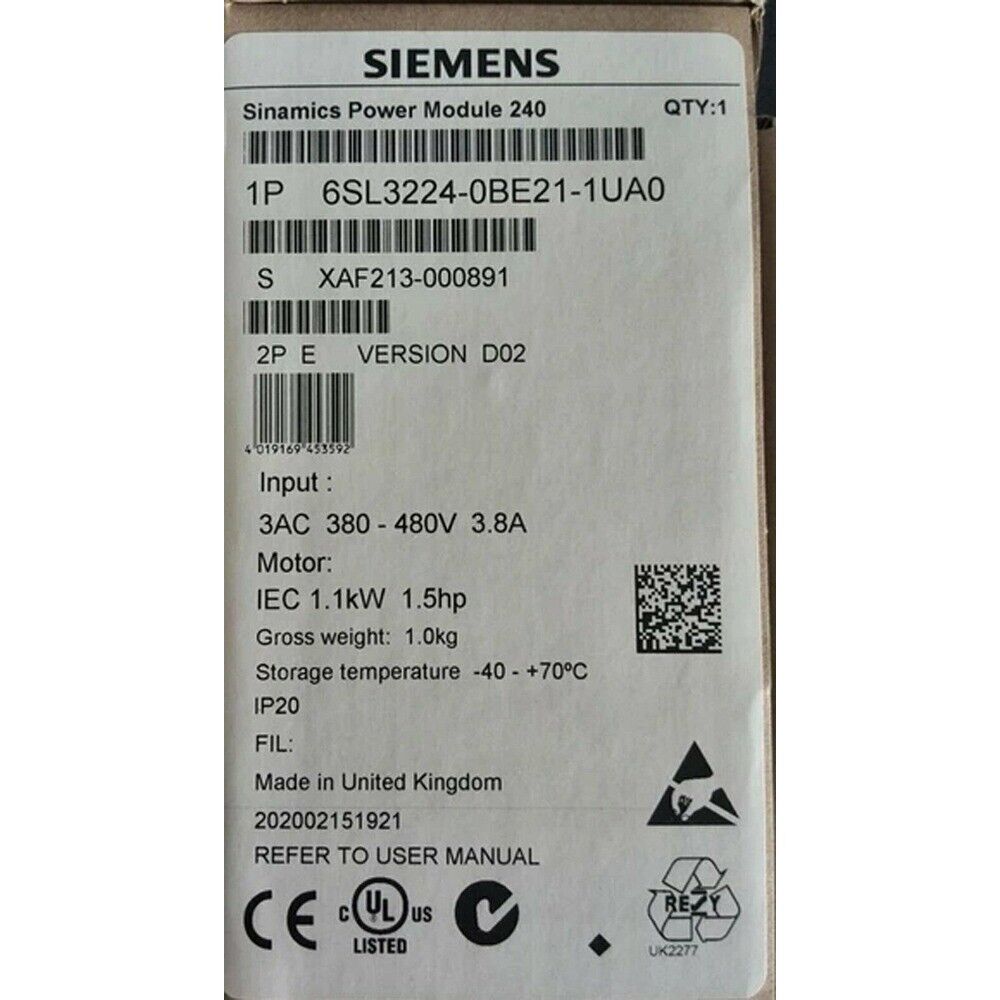New Siemens G120 PM 240 Power Module 6SL3224-0BE21-1UA0 6SL3 224-0BE21-1UA0