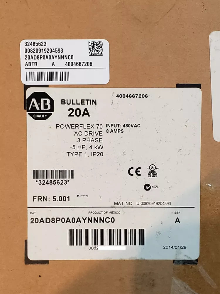 Allen Bradley 20AD8P0A0AYNNNC0 PowerFlex 70 AC Drive, 5Hp, 3 Phase 480VAC NEW! DHL / UPS / FedEx