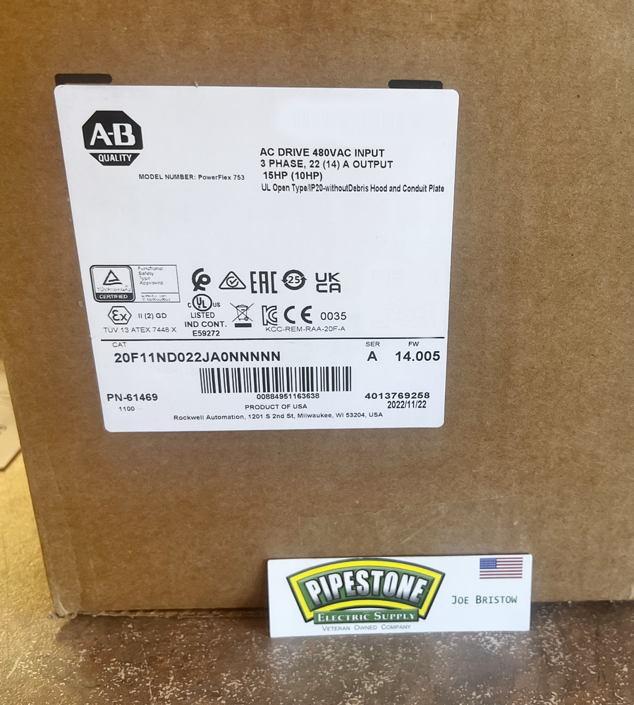 Allen Bradley 20F11ND022JA0NNNNN PowerFlex Air Cooled 753 AC Drive DHL / UPS / FedEx
