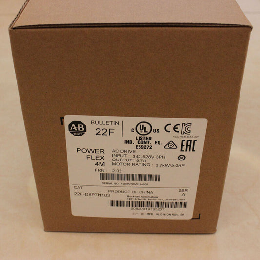 2022 New Allen Bradley 22F-D8P7N103 PowerFlex 4M-3.7 kW (5 HP) AC Drive Surplus DHL / UPS / FedEx