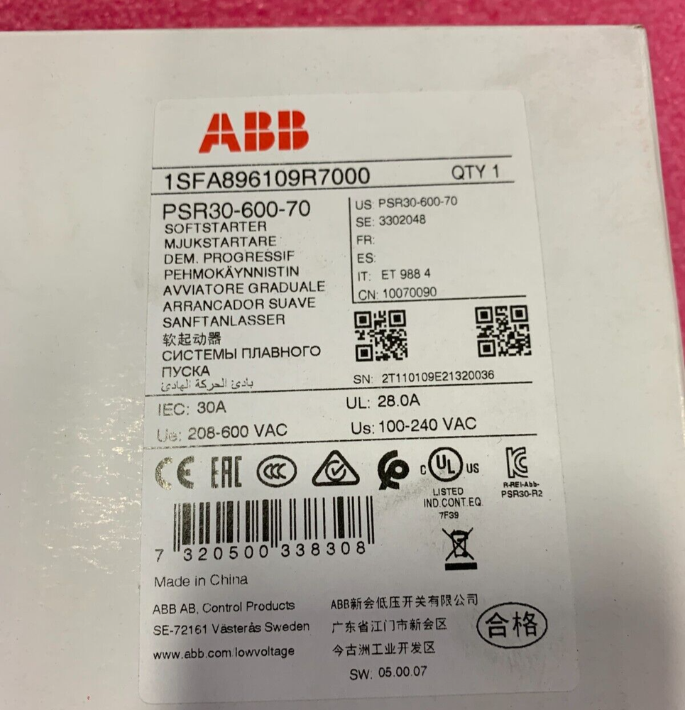ABB PLC PSR30-600-70 1SFA896109R7000 SOFT STARTER 30A QTY 1