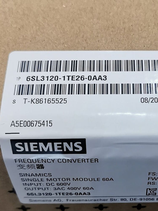 1PC Siemens New Sealed Singal Motor Module 6SL3120-1TE26-0AA3 By UPS / Fedex / DHL