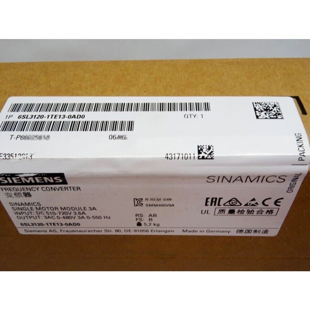 New Siemens 6SL3 120-1TE13-0AD0 6SL3120-1TE13-0AD0 S120 SINGLE MOTOR MODULE
