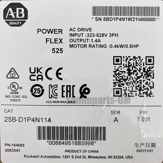 AB 25B-D1P4N114 /A PowerFlex 525 AC Drive 480V 1.4A 0.5HP New Factory Sealed DHL / UPS / FedEx