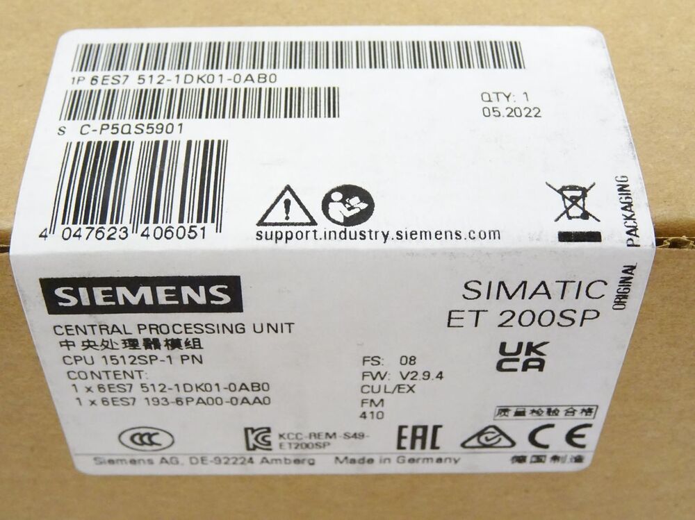 New Siemens 6ES7512-1DK01-0AB0 6ES75121DK010AB0 CPU 1512SP-1 PN for ET 200SP