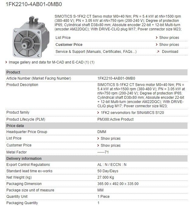SIMOTICS S-1FK2/S-1FT2 Servo Motor 1FK2210-4AB01-0MB0 In Stock Fast Shipping  UPS /  Fedex / DHL