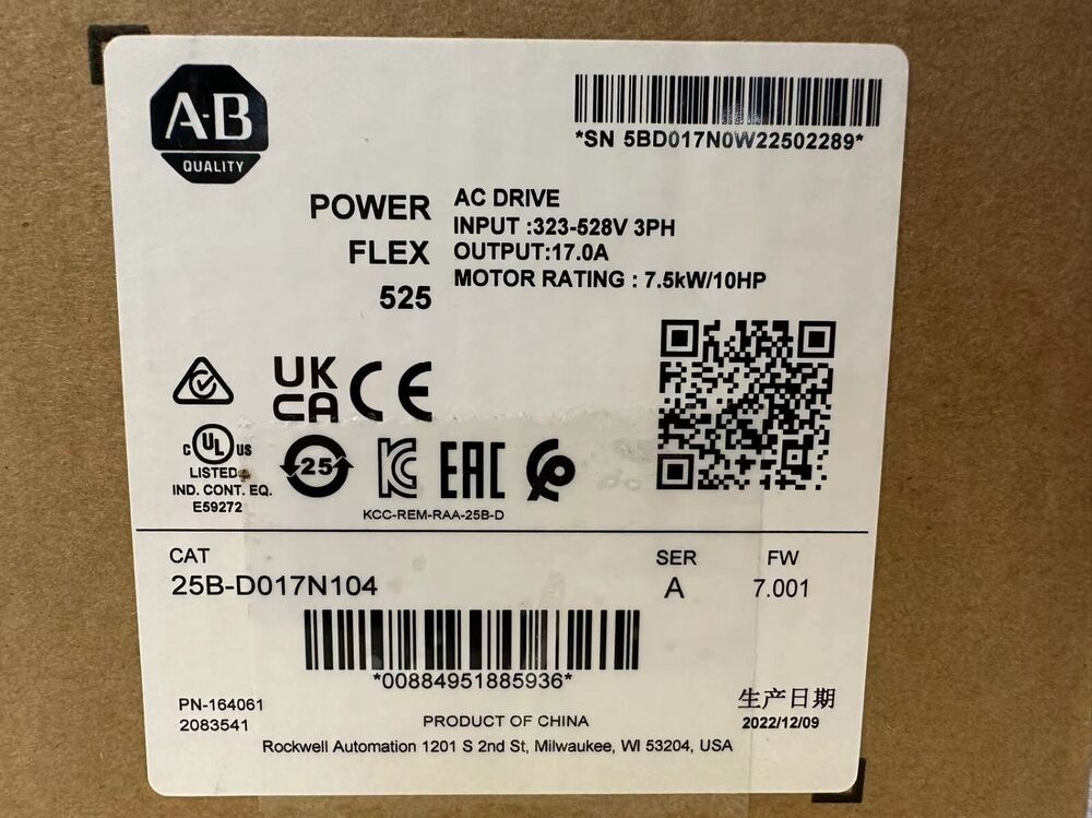AB 25B-D017N104 2022 SER A NEW Allen-Bradley PowerFlex 525 7.5kW 10Hp AC Drive Fedex or DHL