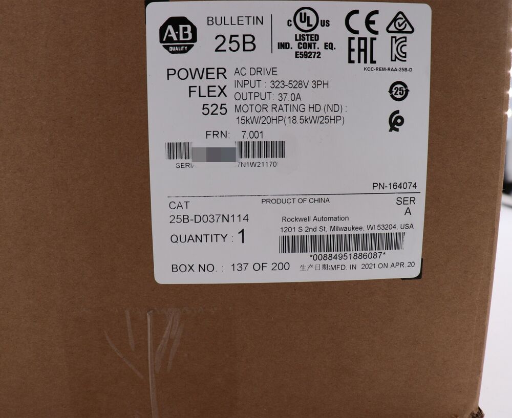 Allen-Bradley AB 25B-D037N114 PowerFlex 525 AC Drive Ser A Factory Sealed New DHL / UPS / FedEx