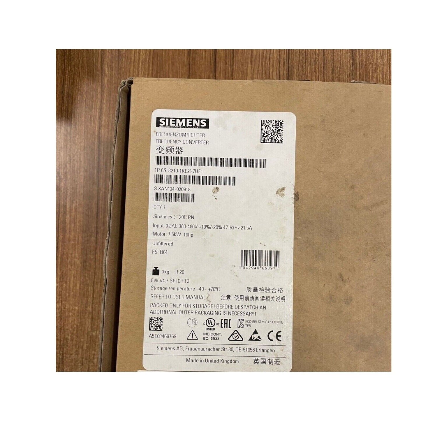 Siemens 6SL3210-1KE21-7UF1 SINAMICS G120C 7.5KW Converter 6SL3 210-1KE21-7UF1