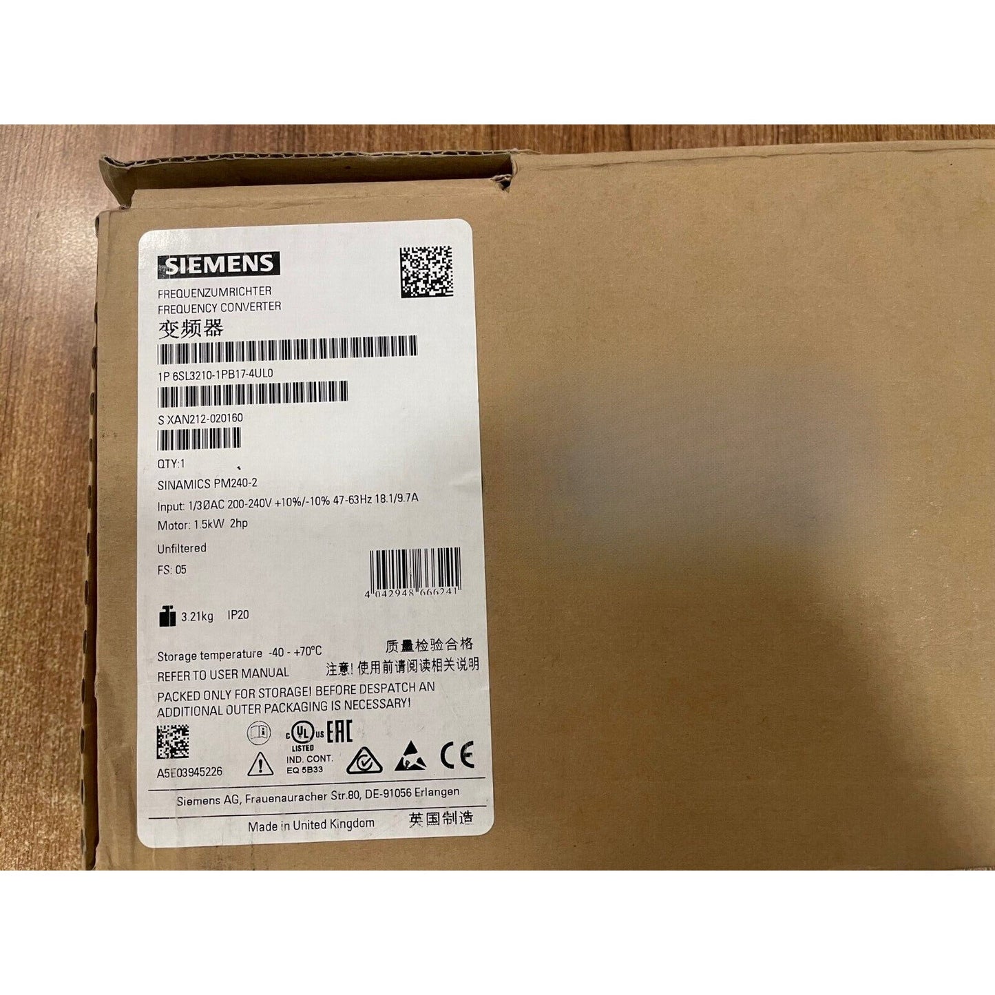 New Siemens 6SL3 210-1PB17-4UL0 6SL3210-1PB17-4UL0 SINAMICS PM240-2 Unfiltered