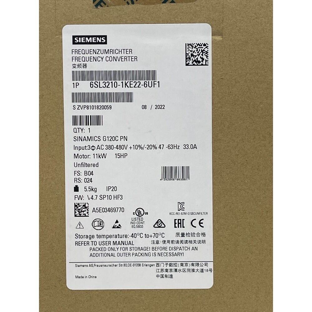 New Siemens 6SL3 210-1KE22-6UF1 SINAMICS G120C 11KW Converter 6SL3210-1KE22-6UF1