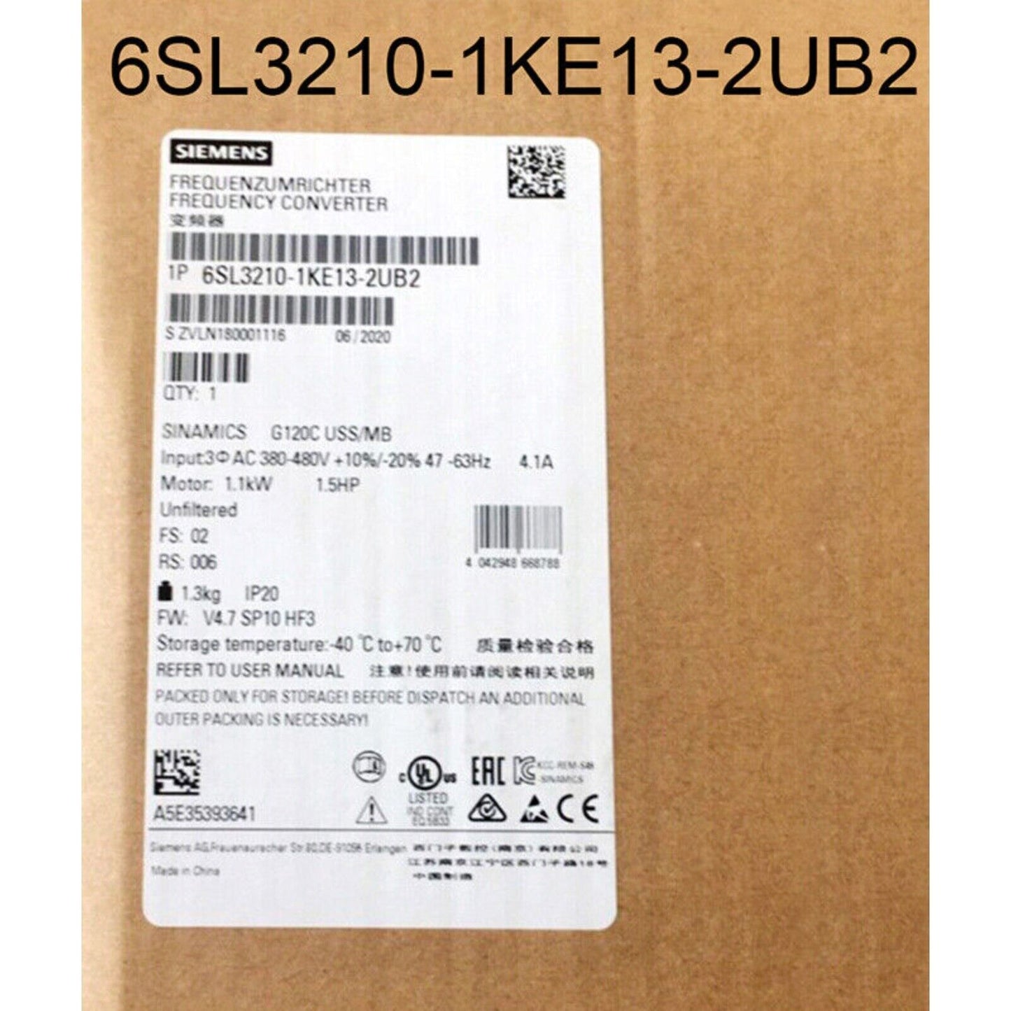 New Siemens 6SL3210-1KE13-2UB2 6SL32101KE132UB2 G120C RATED POWER 1,1KW