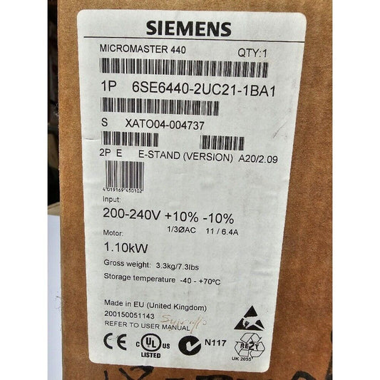 New Siemens 6SE6440-2UC21-1BA1 6SE64402UC211BA1 MICROMASTER440 without filter